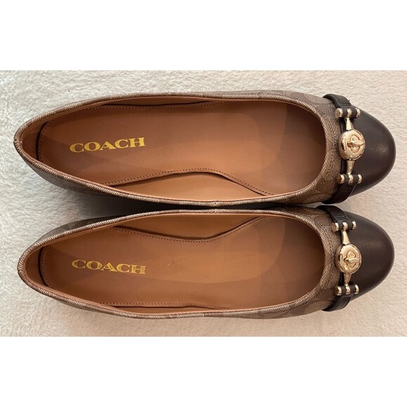 Coach Size 8.5 Women’s Ballet Leila Flats Khaki Chestnut Shoes Q9090 Logo w/ Box - Picture 8 of 15